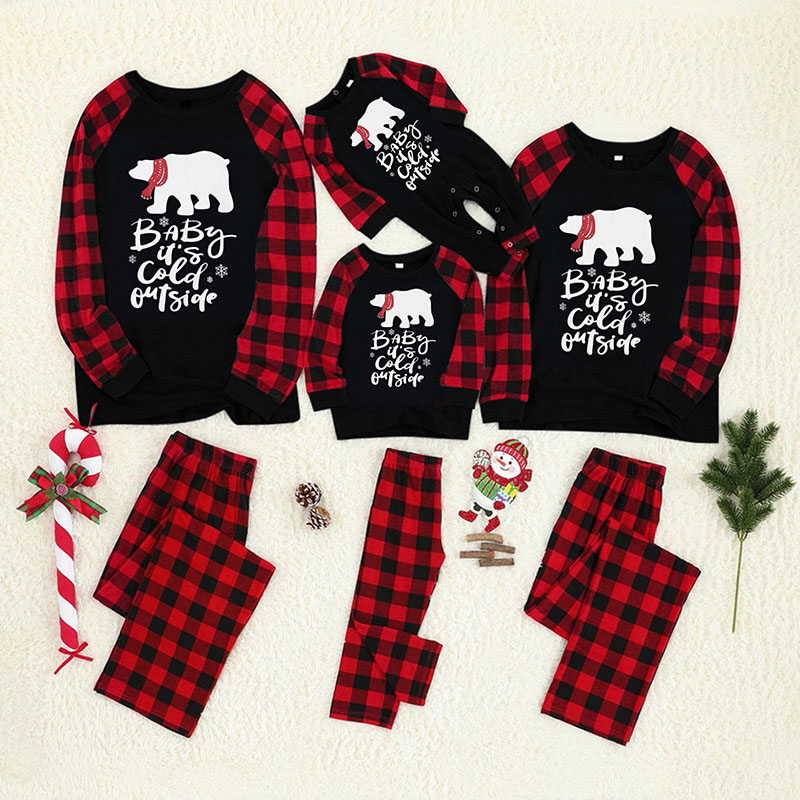 Christmas Family Matching Pajamas White Bear Baby Its Cold Outside Red Plaids Pant Family Pajamas Sets