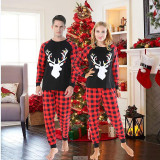 Christmas Family Matching Pajamas White Elk Head and Plaid Pant Family Pajamas Sets