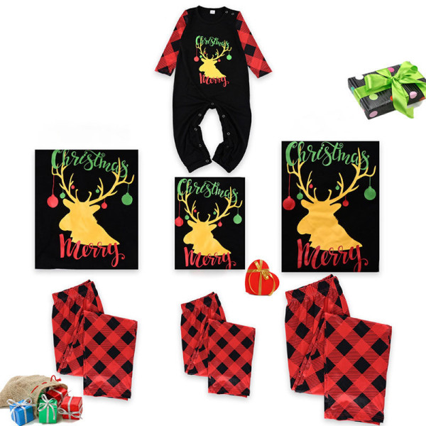 Christmas Family Matching Pajamas Gold Elk Letter Prints and Plaid Pant Family Pajamas Sets
