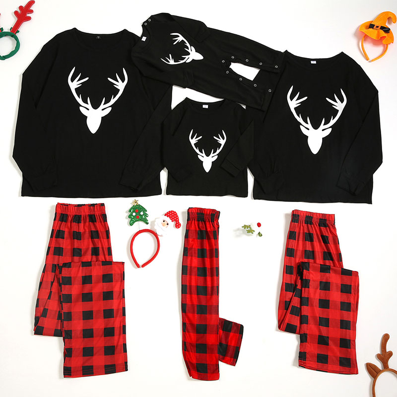 Christmas Family Matching Pajamas White Deer Head and Plaid Pants Black ...