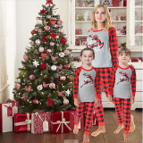 Christmas Family Matching Pajamas Sets Run Elk Prints Top and Red Plaid Pant Family Pajamas Sets