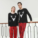 Christmas Family Matching Pajamas White Deer Head and Plaid Pants Black Family Pajamas Sets