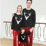 Christmas Family Matching Pajamas White Deer Head and Plaid Pants Black Family Pajamas Sets