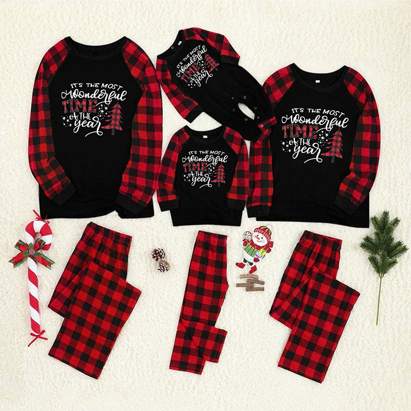 Christmas Family Matching Pajamas Slogan Christmas Tree Top and Plaid Pant