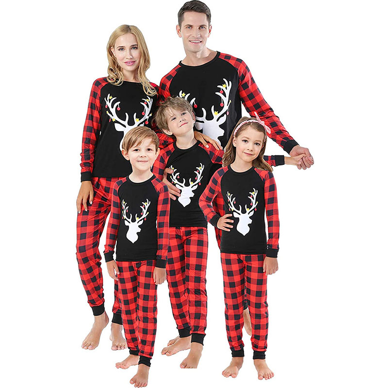 Christmas Family Matching Pajamas White Elk Head and Plaid Pant Family ...