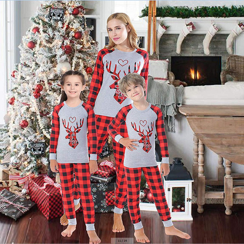 Christmas Family Matching Pajamas Red Heart Deer Head and Plaid Pant ...
