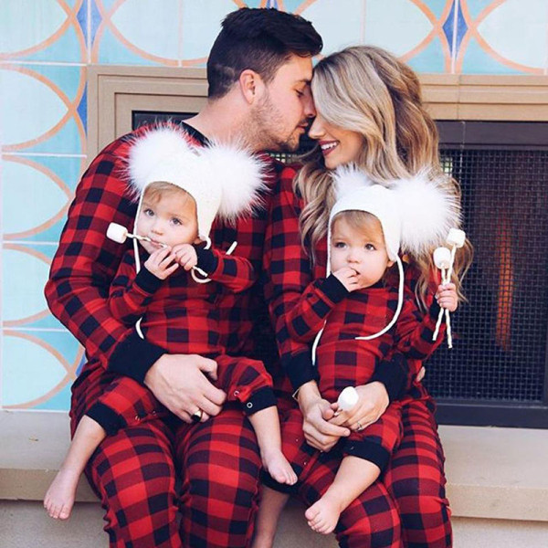 Christmas Family Matching Pajamas Sets Red Plaid Round Collar Jumpsuits