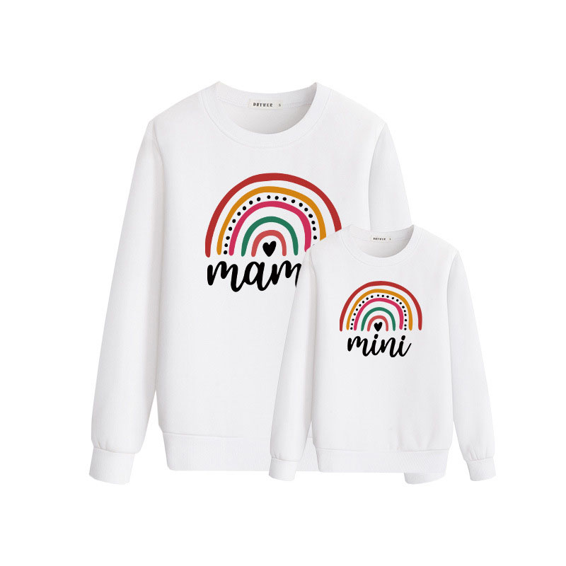 Matching Family Prints Rainbow Heart Pattern Letter Mom And Kids Sweatshirts Tops