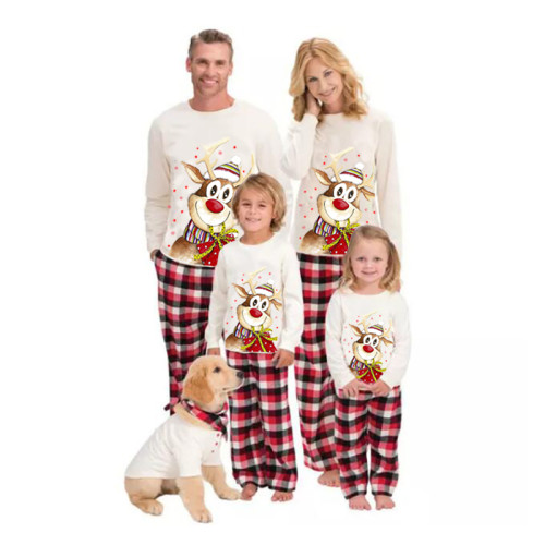 KidsHoo Exclusive Design Christmas Family Matching Sleepwear Pajamas Sets Christmas Deer Gift Top and Plaids Pants With Dog Cloth