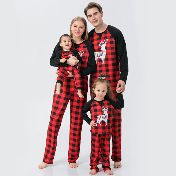 Christmas Family Matching Sleepwear Pajamas Sets Red Plaids Letter Deer Family Pajamas