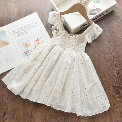 Toddler Girls White Dot Sequins Ruffles Sleeves Lace Dress