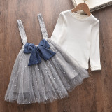 Kid Girl White Long Sleeve Tops and Sequins Stars Tutu Mesh Strap Skirt Two Pieces Sets