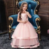 Toddler Girl Embroidered Jewelry Flower Bowknot Two Layers Lace Tutu  Party Gown Dresses