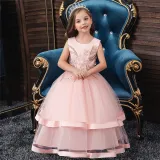 Toddler Girl Embroidered Jewelry Flower Bowknot Two Layers Lace Tutu  Party Gown Dresses