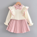 Girl Knit Ruffle Long Sleeve Sweatshirt and Pleated Skirt Clothes Set Outfit
