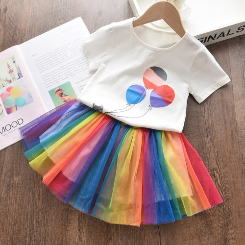Girls Cat Balloon T-shirt and Rainbow Tutu Skirt Two-Piece Outfit