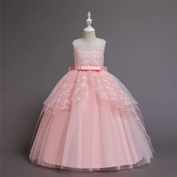 Girl Mesh Floral Embroidered Bowknot Party Maxi Gown Dresses