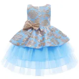 Toddler Girl Gold Embroidery Flowers Sequins Bowknot Backless Tutu Gown Dress