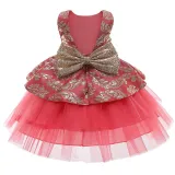Toddler Girl Gold Embroidery Flowers Sequins Bowknot Backless Tutu Gown Dress