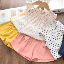 Girls Ruffles Dot Sleeveless Blouse and Bowknot Shorts Two-Piece Outfit