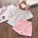 Girls Ruffles Shoulder Tied up Blouse Tops and Pure Shorts Two-Piece Outfit