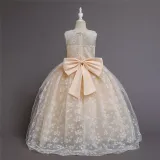 Girl Mesh Floral Embroidered Bowknot Party Maxi Gown Dresses
