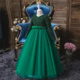 Girl Sequins Long Sleeve Bowknot Tutu Maxi Long Sleevs Gown Dresses