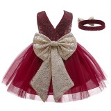 Toddler Girl Sequins Bowknot Princess Baby Party Gown Dress With Hair Band