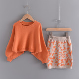 Girl Knit Long Sleeve Sweaters and Orange Leopard Skirt Two Pieces Set Outfit