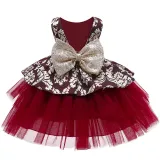 Toddler Girl Gold Embroidery Flowers Sequins Bowknot Backless Tutu Gown Dress