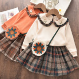 Girl Ruffle Embroidery Long Sleeve Sweatershirt and Pleated Skirt Clothes Set Outfit