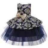 Toddler Girl Gold Embroidery Flowers Sequins Bowknot Backless Tutu Gown Dress