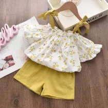 Girls Ruffles Shoulder Tied up Blouse Tops and Pure Shorts Two-Piece Outfit