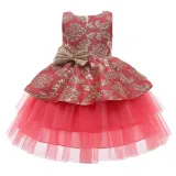 Toddler Girl Gold Embroidery Flowers Sequins Bowknot Backless Tutu Gown Dress