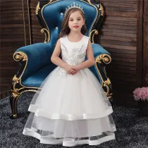 Toddler Girl Embroidered Jewelry Flower Bowknot Two Layers Lace Tutu  Party Gown Dresses