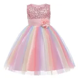 Girl Sequins Flower Belt Rainbow Tutu Gauze Princess Gown Dress