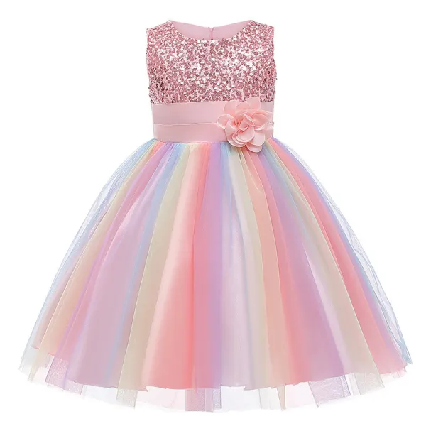 Girl Sequins Flower Belt Rainbow Tutu Gauze Princess Gown Dress