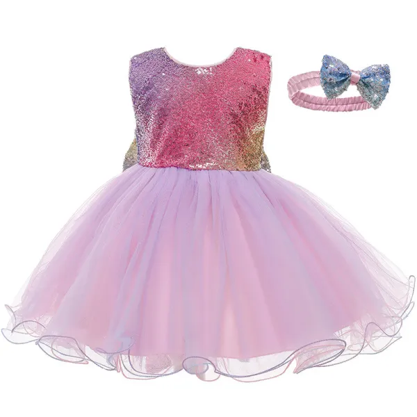 Toddler Girl Rainbow Sequins Tutu Princess Gown Dress With Hair Band