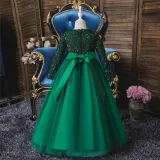 Girl Sequins Long Sleeve Bowknot Tutu Maxi Long Sleevs Gown Dresses