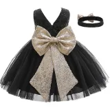Toddler Girl Sequins Bowknot Princess Baby Party Gown Dress With Hair Band