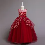 Girl Mesh Floral Embroidered Bowknot Party Maxi Gown Dresses