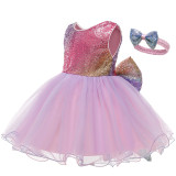 Toddler Girl Rainbow Sequins Tutu Princess Gown Dress With Hair Band