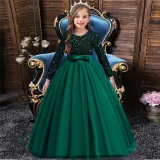 Girl Sequins Long Sleeve Bowknot Tutu Maxi Long Sleevs Gown Dresses