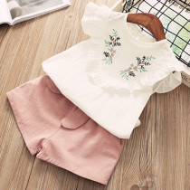 Girls Embroidery Flowers Ruffles Blouse Top and Bowknot Shorts Two-Piece Outfit