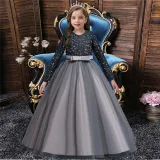 Girl Sequins Long Sleeve Bowknot Tutu Maxi Long Sleevs Gown Dresses
