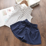 Girls Ruffles Dot Sleeveless Blouse and Bowknot Shorts Two-Piece Outfit