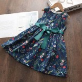 Girls Prints Flowers Green Bow Belt Summer Sleeveless Dress