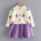Girl Knit Strawberry Grape Cardigan Sweater and Pleated Skirt Set Outfit