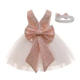 Toddler Girl Sequins Bowknot Princess Baby Party Gown Dress With Hair Band