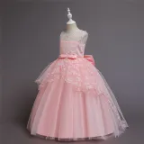 Girl Mesh Floral Embroidered Bowknot Party Maxi Gown Dresses